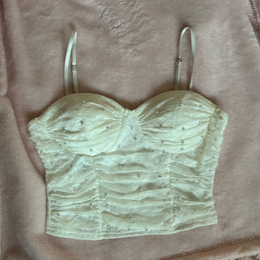 White Cropped Lace Bustier with Pearl Embellishment